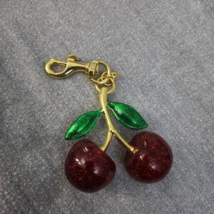 Gold-Tone Cherry Keychain Or Purse Charm with Sparkling Red Enamel